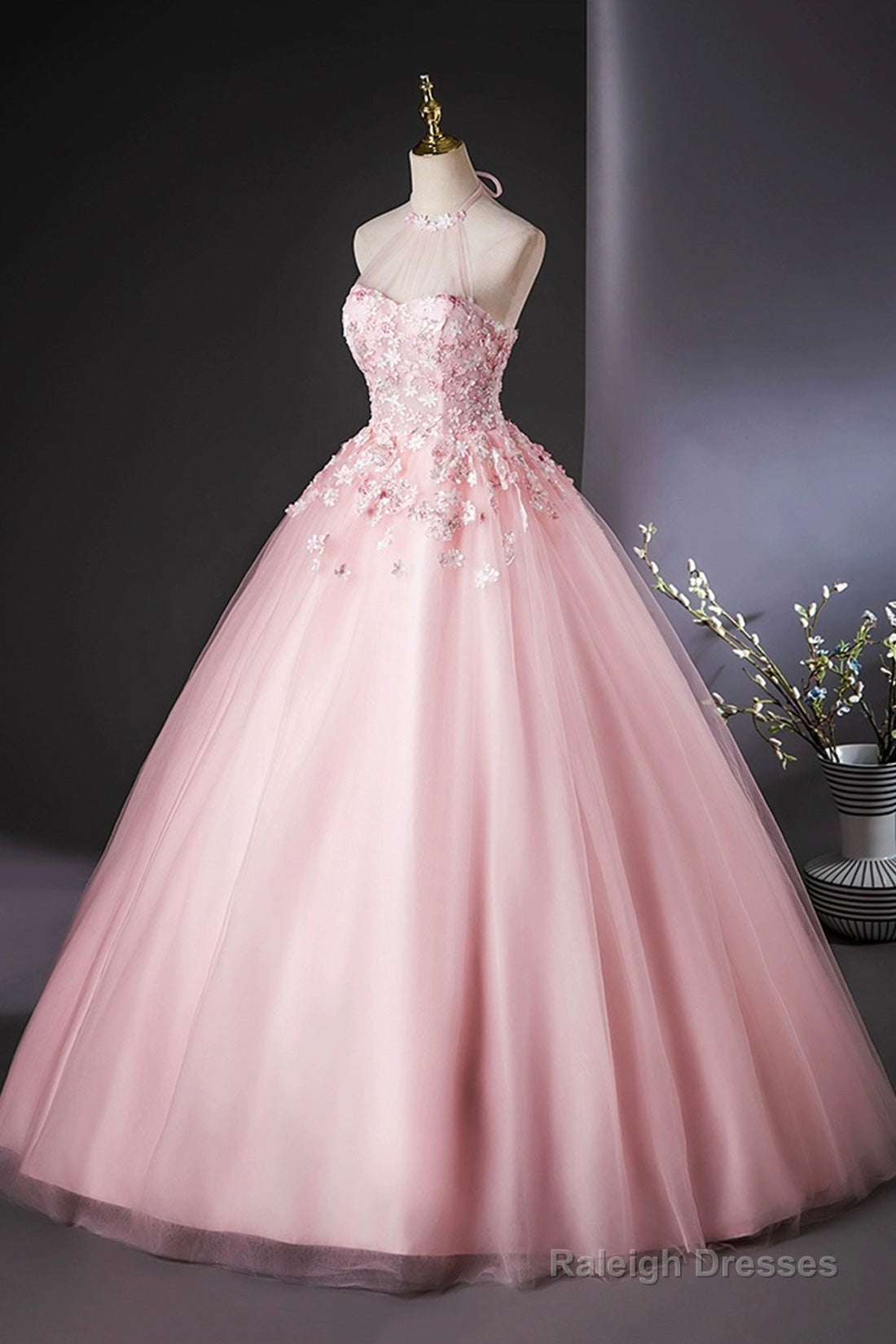 Pink Halter Tulle Flowers Long Prom Dresses Beautiful Backless Prom Dresses
