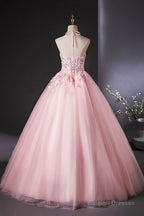Pink Halter Tulle Flowers Long Prom Dresses Beautiful Backless Prom Dresses