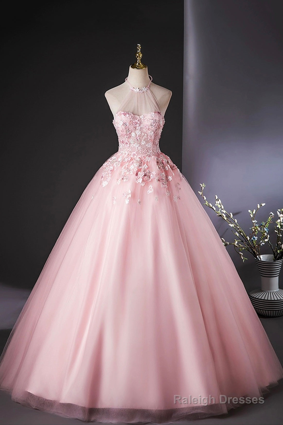 Pink Halter Tulle Flowers Long Prom Dresses Beautiful Backless Prom Dresses