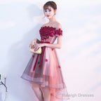 Pink High Low Tulle Party Dress With Flowers, Pink Homecoming Dresses