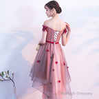 Pink High Low Tulle Party Dress With Flowers, Pink Homecoming Dresses