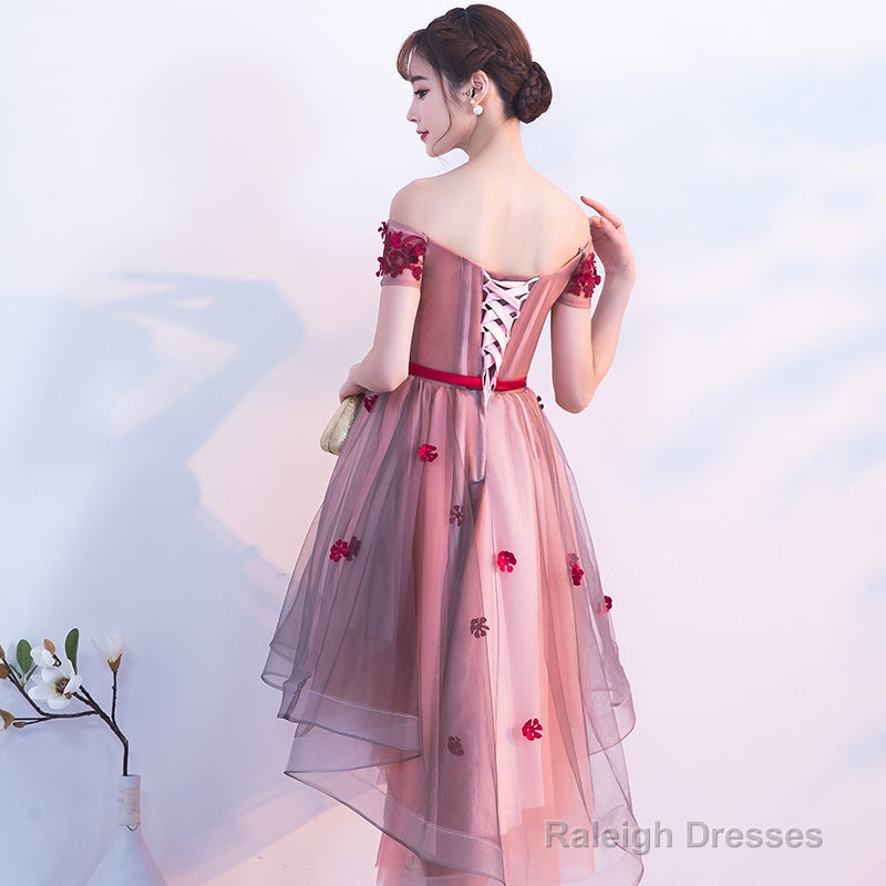 Pink High Low Tulle Prom Dresses With Flowers Pink Homecoming Dress