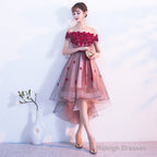 Pink High Low Tulle Party Dress With Flowers, Pink Homecoming Dresses
