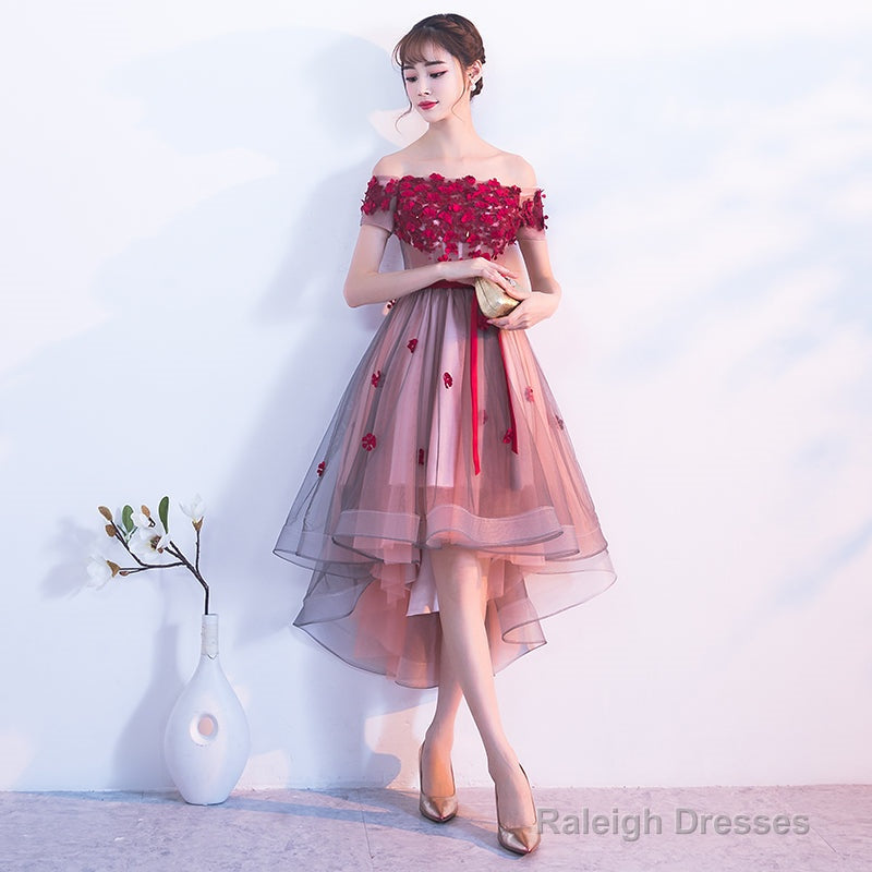 Pink High Low Tulle Party Dress With Flowers, Pink Homecoming Dresses
