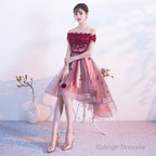 Pink High Low Tulle Party Dress With Flowers, Pink Homecoming Dresses