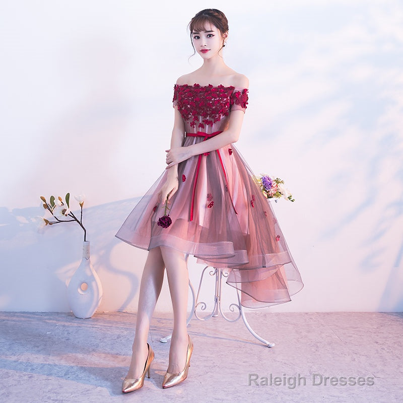 Pink High Low Tulle Party Dress With Flowers, Pink Homecoming Dresses
