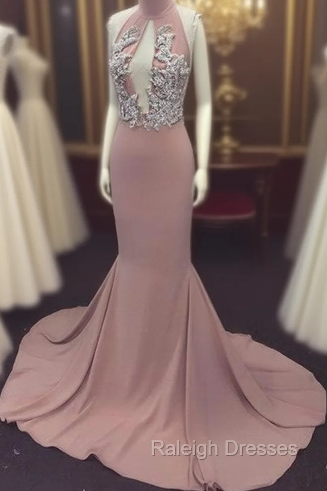 Pink High Neck Long Prom Dress For Teens, Prom Dress