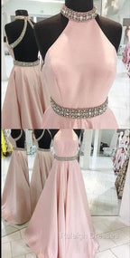 Pink High Neck Long Prom Dress, Pink Backless Prom Dress