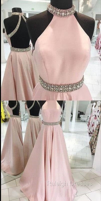 Pink High Neck Long Prom Dress, Pink Backless Prom Dress