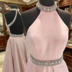Pink High Neck Long Prom Dress, Pink Backless Prom Dress