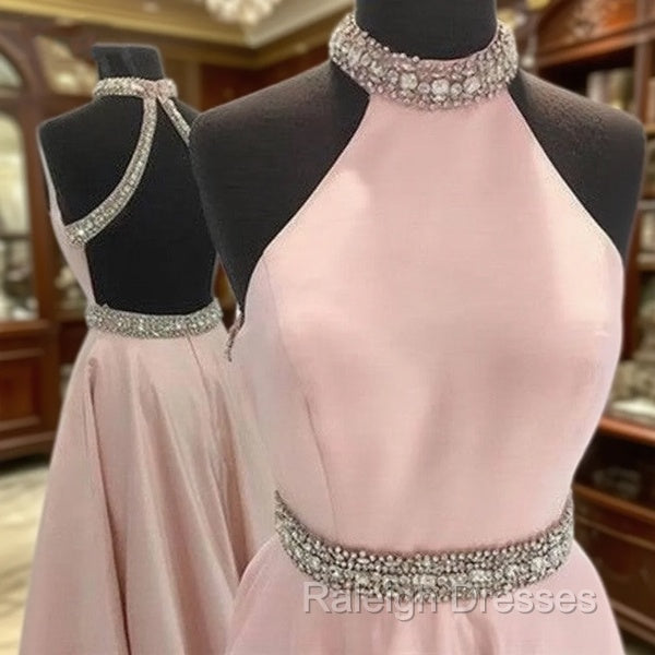 Pink High Neck Long Prom Dress, Pink Backless Prom Dress