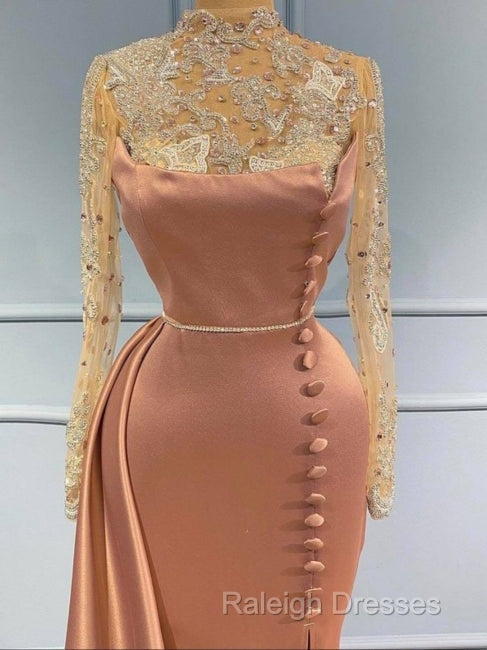 Pink High Neck Long Sleeves Sheer Beading Prom Formal Dress Secondary image
