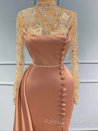 Pink High Neck Long Sleeves Sheer Beading Prom Dresses