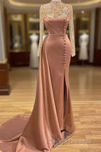 Pink High Neck Long Sleeves Sheer Beading Prom Dresses