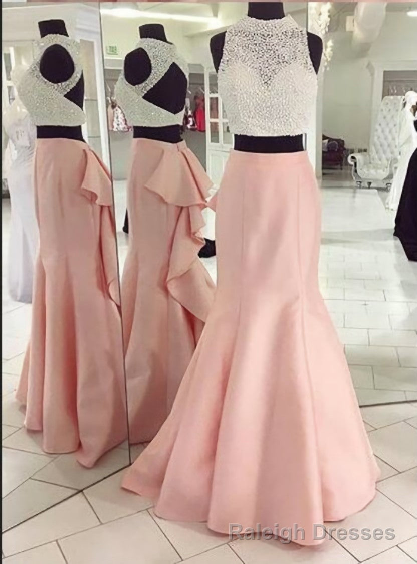 Pink High Neck Mermaid Backless Satin Long Pink Prom Dress Main image