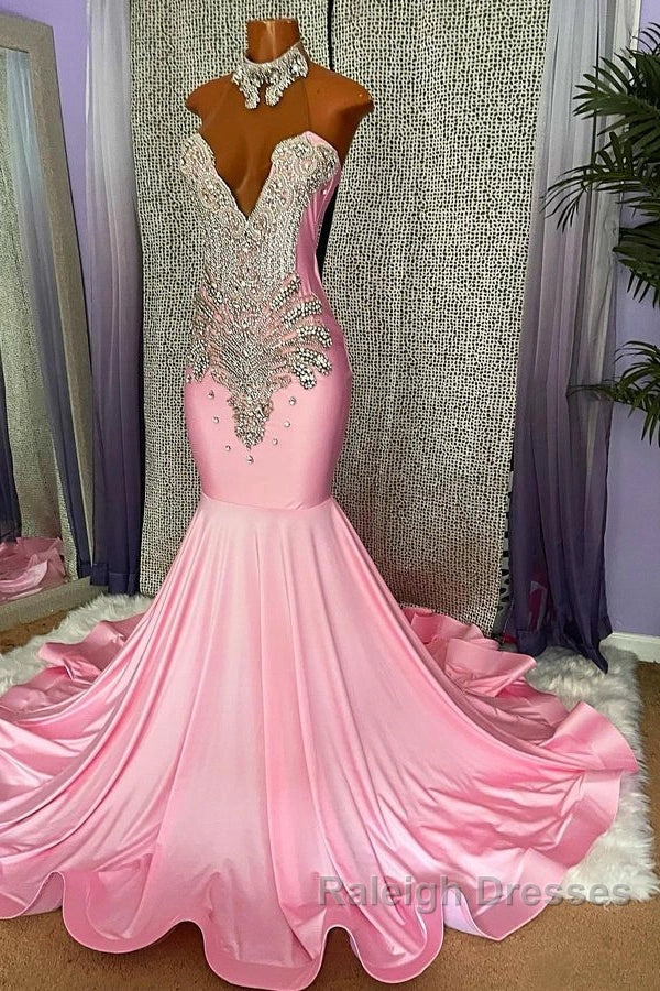 Pink High Neck Mermaid Beading Satin Prom Dresses