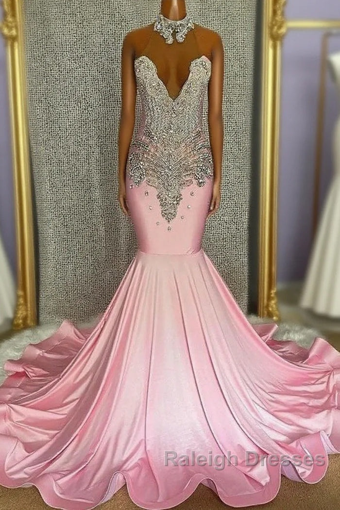 Pink High Neck Mermaid Beading Satin Prom Dress