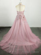Pink High Neck Tulle Lace Applique Long Prom Dress, Pink Prom Dress