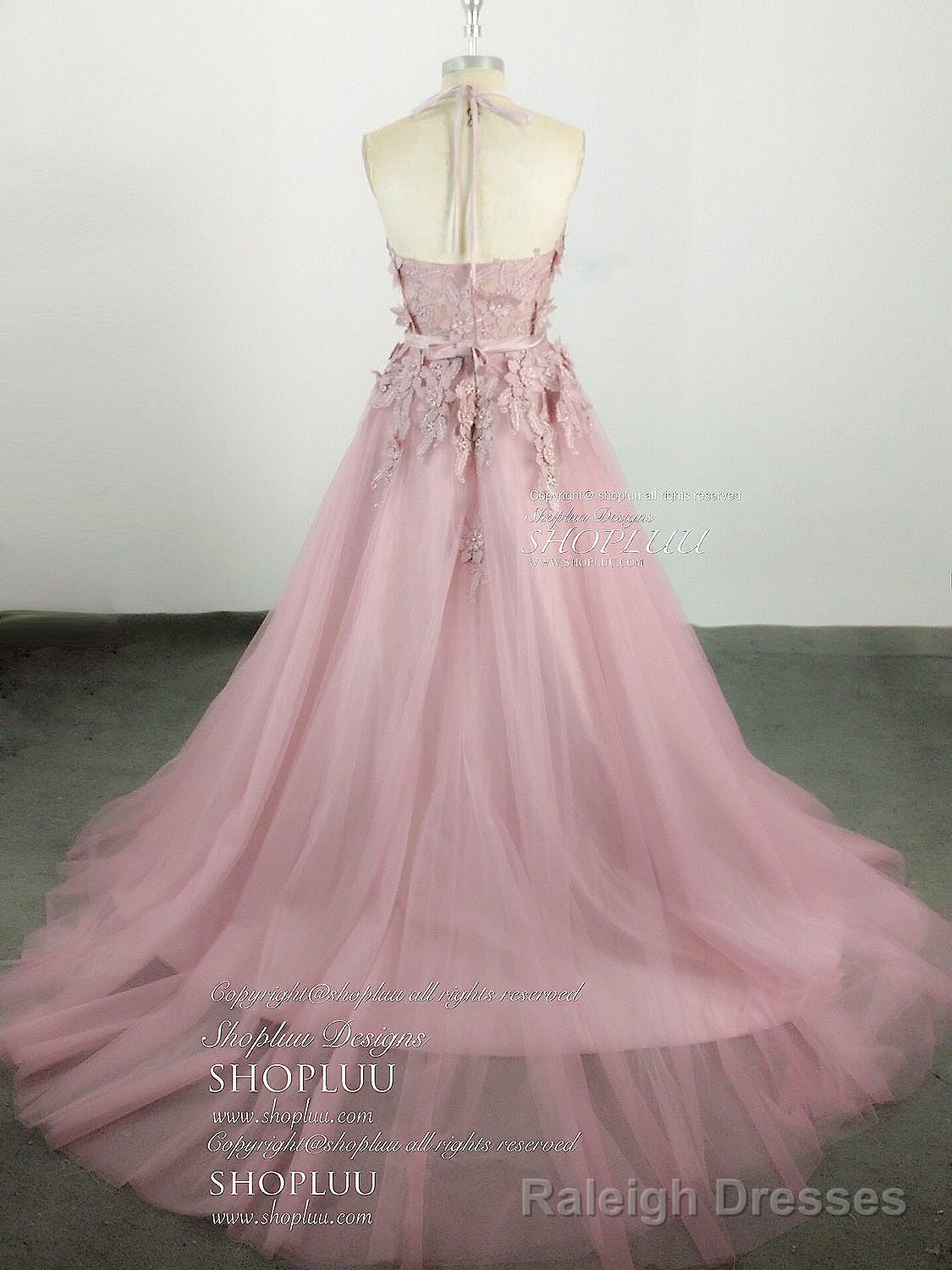 Pink High Neck Tulle Lace Applique Long Prom Dress, Pink Evening Dress
