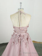 Pink High Neck Tulle Lace Applique Long Prom Dress, Pink Prom Dress