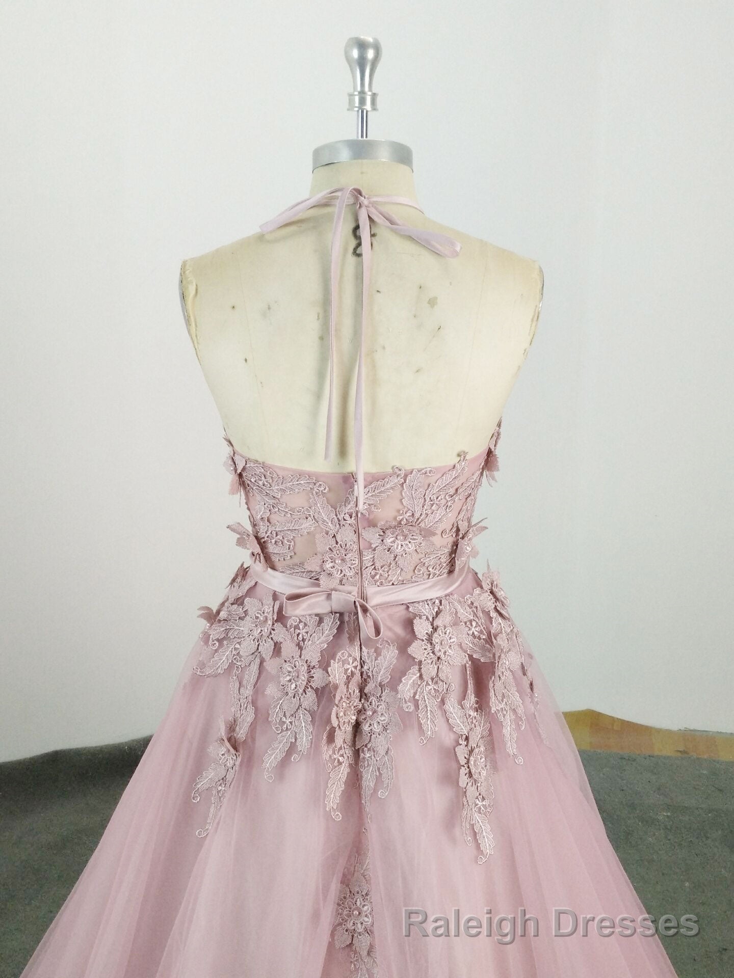 Pink High Neck Tulle Lace Applique Long Prom Dress, Pink Prom Dress