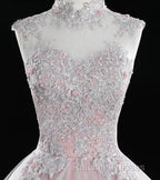 Pink High Neck Tulle Lace Long Prom Dresses Pink Sweet 16 Gown