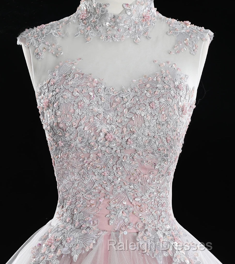 Pink High Neck Tulle Lace Long Prom Dresses Pink Sweet 16 Gown