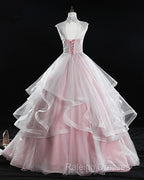 Pink High Neck Tulle Lace Long Prom Dress, Pink Sweet 16 Gown