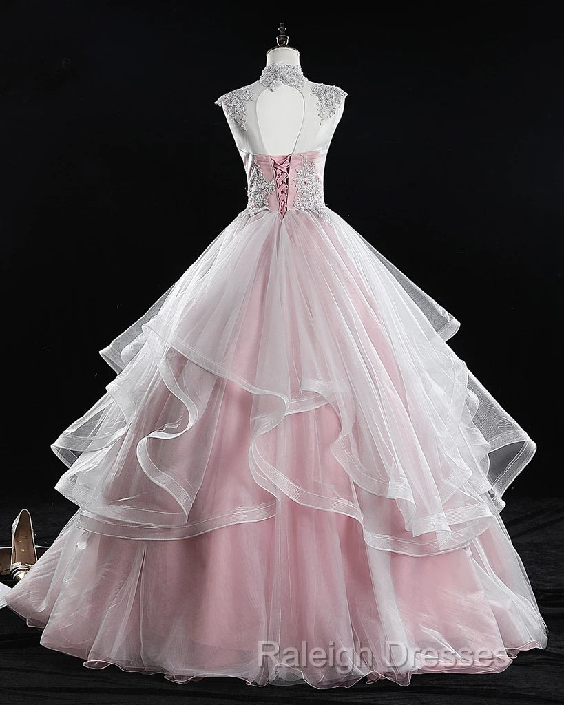 Pink High Neck Tulle Lace Long Prom Dress, Pink Sweet 16 Gown