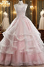 Pink High Neck Tulle Lace Long Prom Dress, Pink Sweet 16 Gown