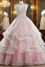 Pink High Neck Tulle Lace Long Prom Dresses Pink Sweet 16 Gown
