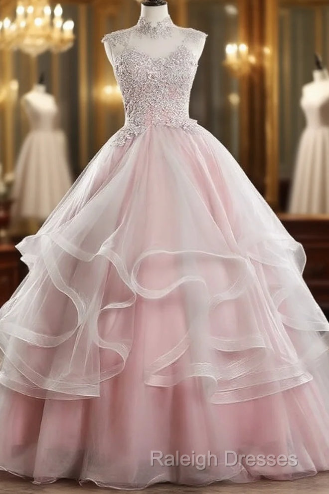 Pink High Neck Tulle Lace Long Prom Dresses Pink Sweet 16 Gown
