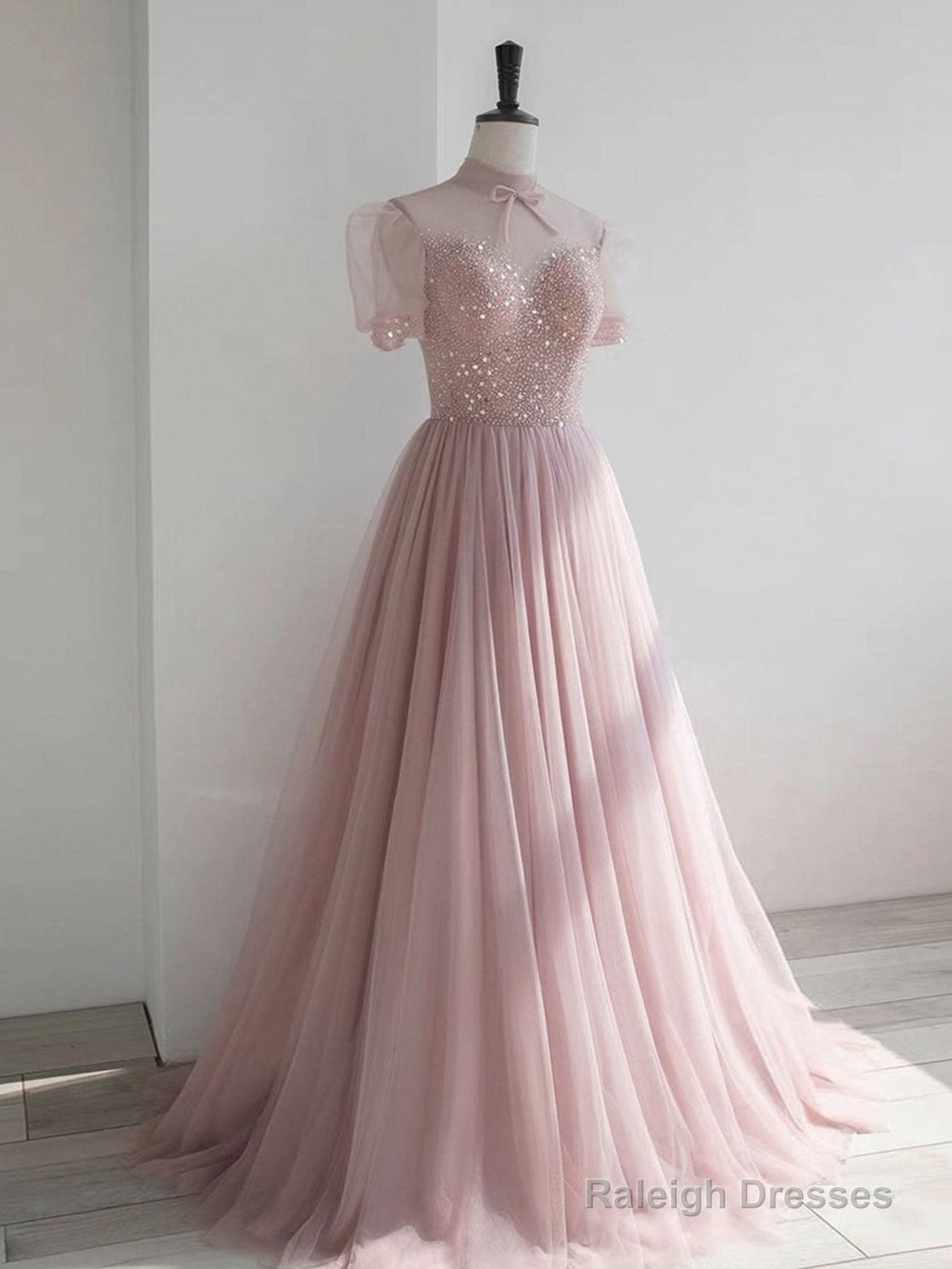Pink High Neck Tulle Sequin Long Prom Dress, Pink A Line Evening Dress Secondary image