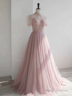 Pink High Neck Tulle Sequin Long Prom Dresses Pink A-Line Prom Dresses