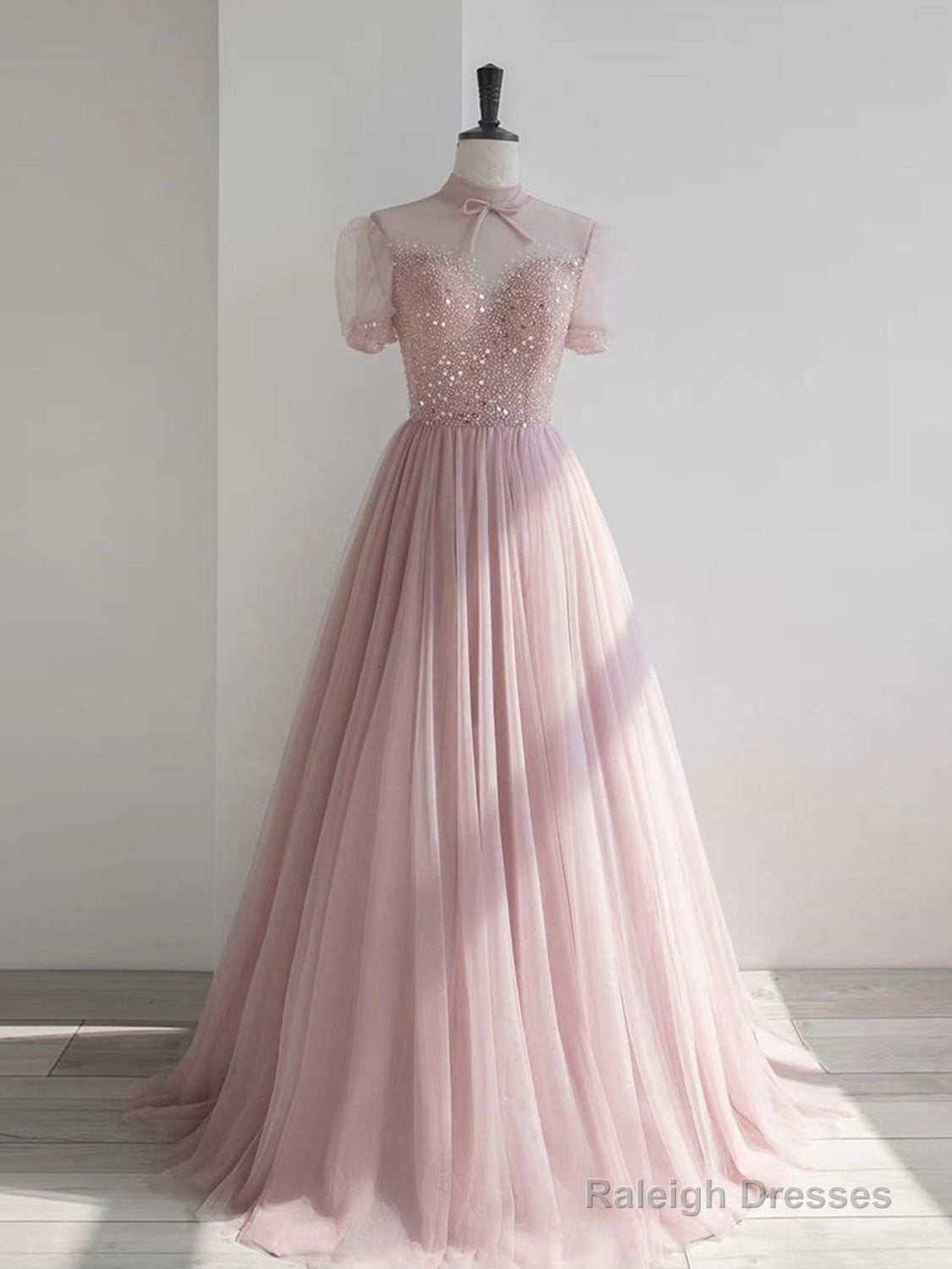 Pink High Neck Tulle Sequin Long Prom Dress, Pink A Line Evening Dress Main image