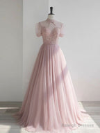 Pink High Neck Tulle Sequin Long Prom Dress, Pink A Line Evening Dress