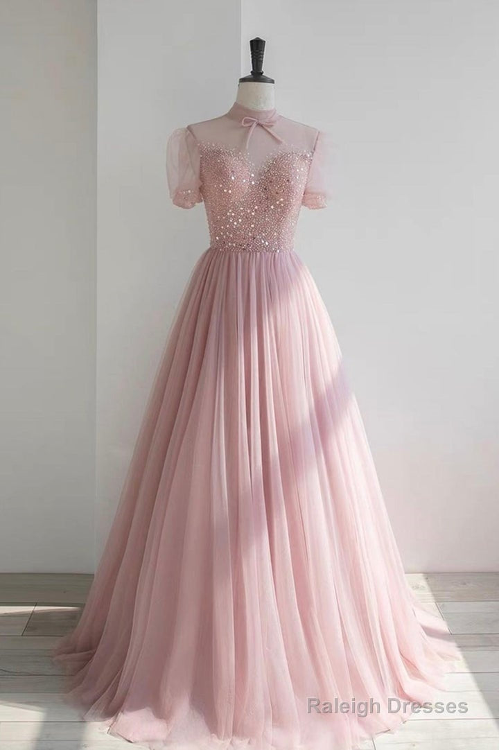 Pink High Neckline Beaded Tulle Short Sleeves Prom Dresses Lovely Pink Prom Dress Secondary image