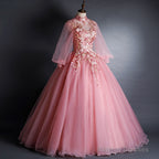 Pink High Neckline Floral Lace Puffy Sleeves Sweet 16 Dresses Pink Tulle Prom Dresses