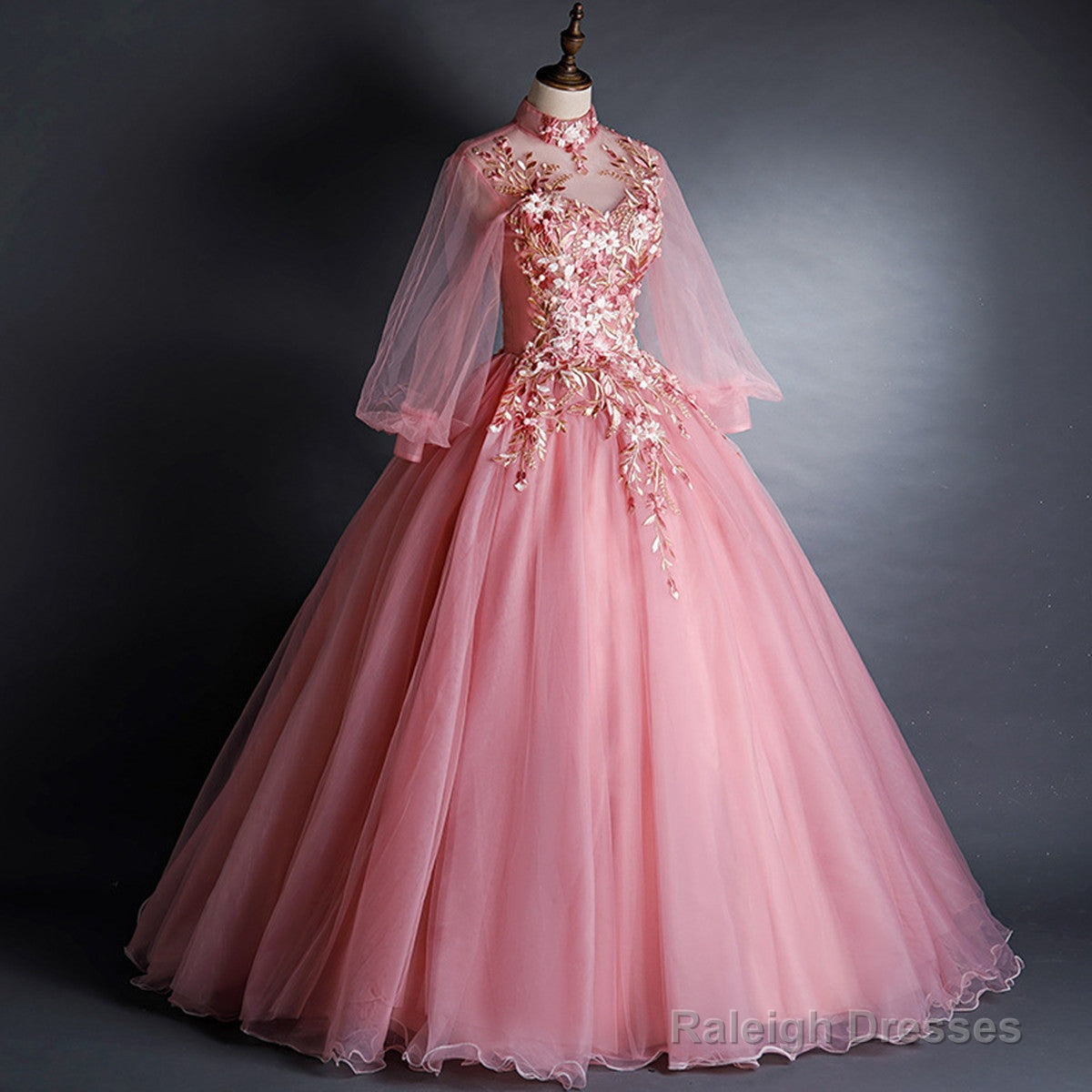 Pink High Neckline Floral Lace Puffy Sleeves Sweet 16 Dresses Pink Tulle Prom Dresses