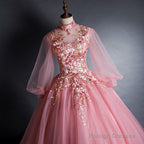 Pink High Neckline Floral Lace Puffy Sleeves Sweet 16 Dresses Pink Tulle Prom Dresses