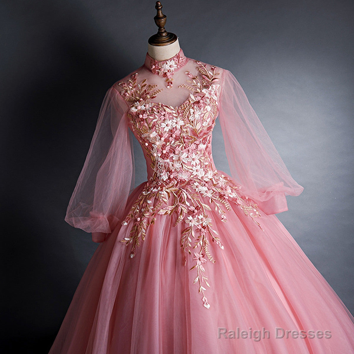 Pink High Neckline Floral Lace Puffy Sleeves Sweet 16 Dresses Pink Tulle Prom Dresses