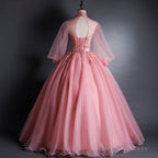 Pink High Neckline Floral Lace Puffy Sleeves Sweet 16 Dresses Pink Tulle Prom Dresses