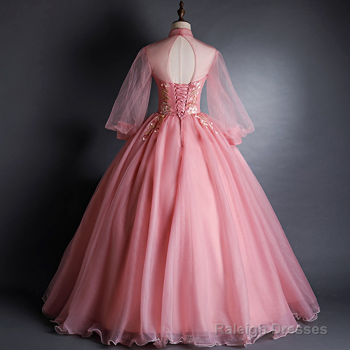 Pink High Neckline Floral Lace Puffy Sleeves Sweet 16 Dresses Pink Tulle Prom Dresses
