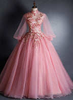 Pink High Neckline Floral Lace Puffy Sleeves Sweet 16 Dresses Pink Tulle Prom Dresses