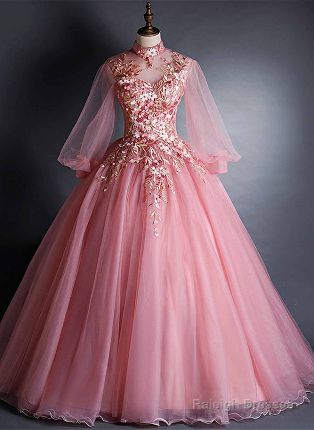 Pink High Neckline Floral Lace Puffy Sleeves Sweet 16 Dresses Pink Tulle Prom Dresses