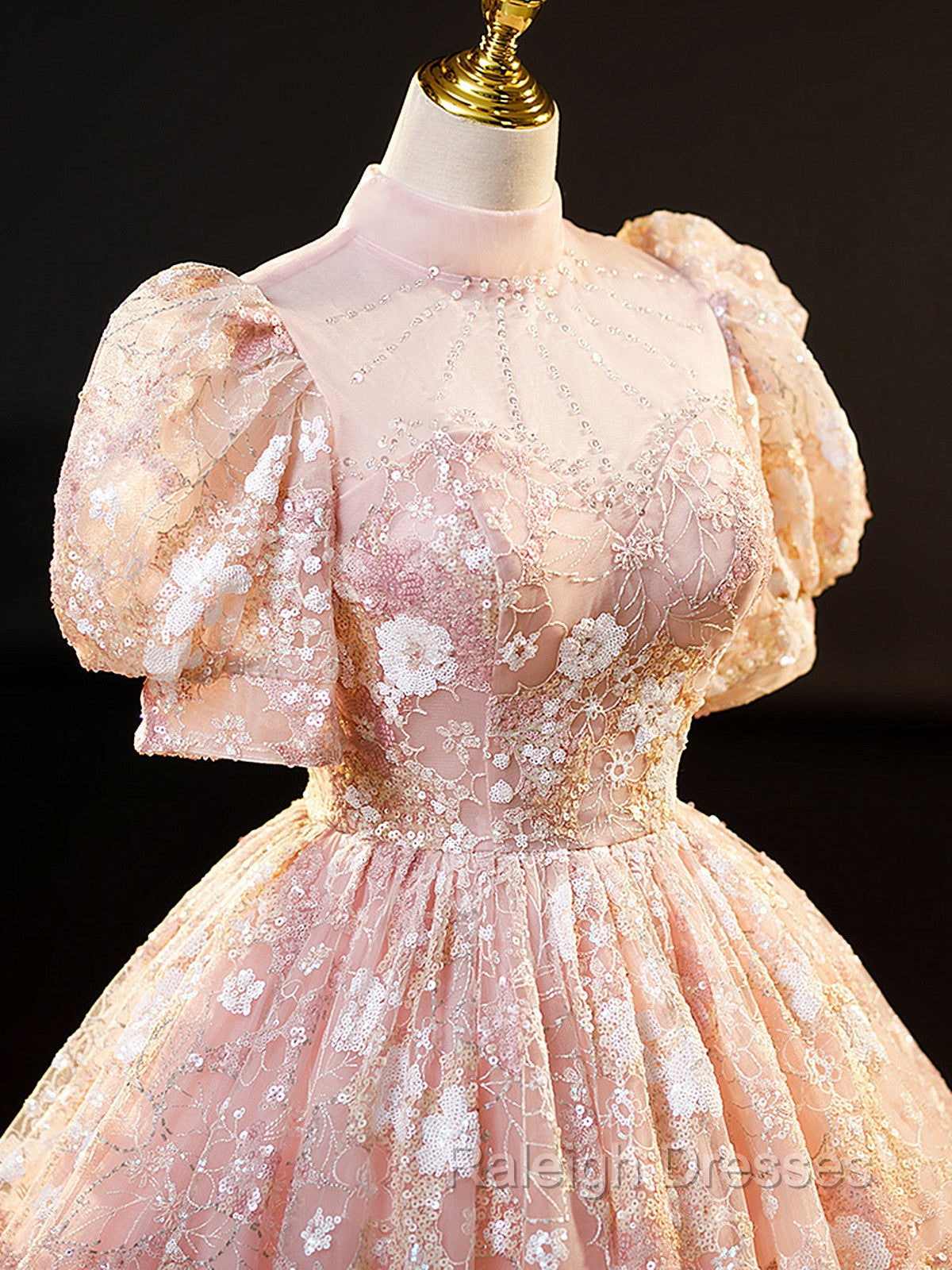 Pink High Neckline Short Sleeves Lace Floral Long Prom Dresses Pink Sweet 16 Dresses