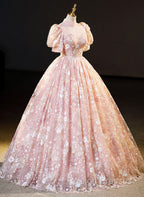 Pink High Neckline Short Sleeves Lace Floral Long Prom Dresses Pink Sweet 16 Dresses