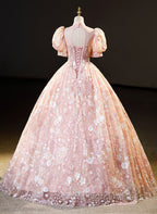 Pink High Neckline Short Sleeves Lace Floral Long Prom Dresses Pink Sweet 16 Dresses