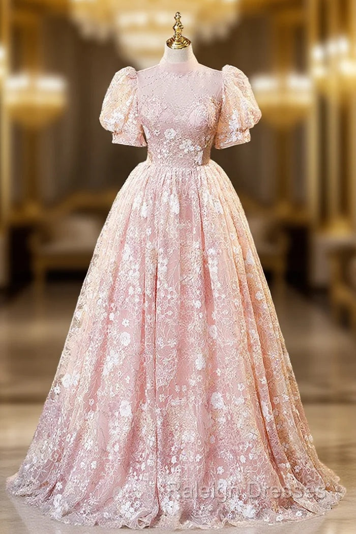 Pink High Neckline Short Sleeves Lace Floral Long Prom Dresses Pink Sweet 16 Dresses Main image