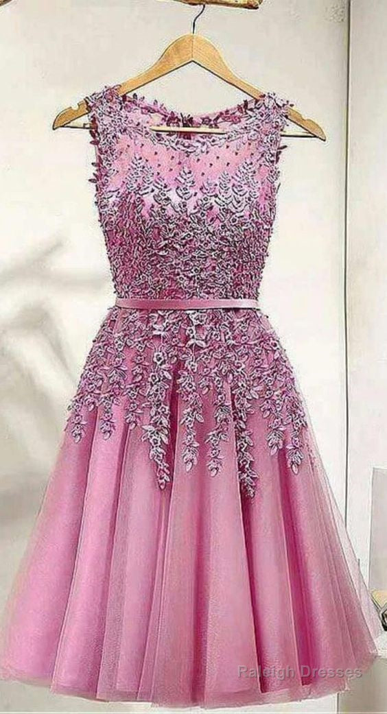 Pink Homecoming Dresses,Short Party Dress,Lace Appliques Homecoming Dress Main image